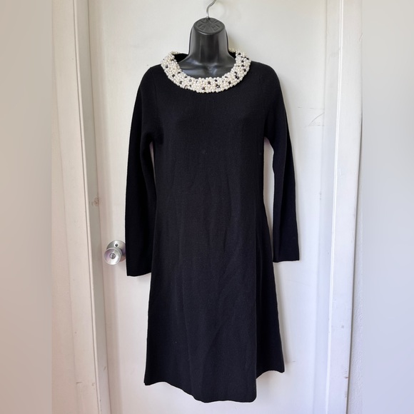 MILLY Women's Black Knit Pearl Trim Dress sz M - Picture 3 of 12